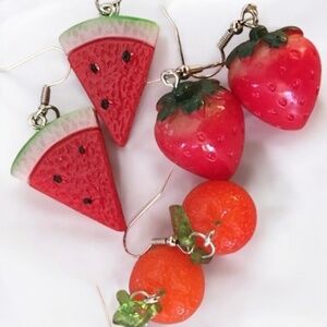 3 Pairs Dangle Earrings, Summer Fruits, Watermelon Slice, Strawberry, Oranges
